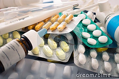 Pills, tablets and medical supplies Stock Photo