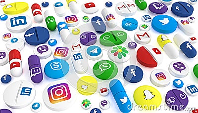 Pills of various types and sizes bearing the logo of the most famous social networks Cartoon Illustration
