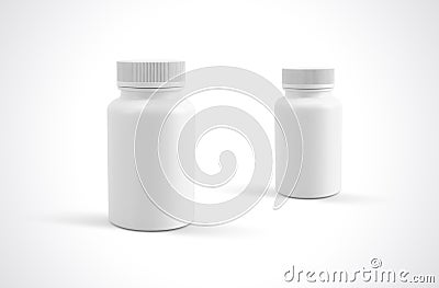 Pills or vitamins white plastic bottles front view Stock Photo