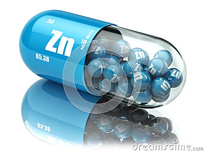 Pills with zinc Zn element Dietary supplements. Vitamin capsules Stock Photo