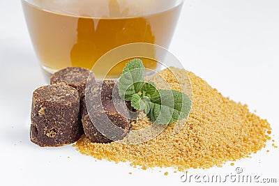 APiloncillo, ground piloncillo and piloncillo tea isolated Stock Photo