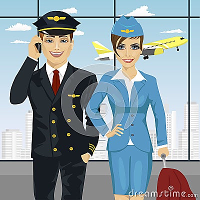 Pilot and air hostess in uniform at airport Vector Illustration