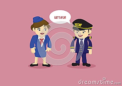 Pilot and and Air Stewardess Vector Cartoon Illustration Vector Illustration