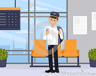 Pilot of aircraft drinking coffee while waiting for flight. Man in uniform standing in waiting hall of airport doing Vector Illustration