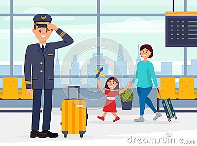 Pilot of aircraft waiting for flight. Man in uniform with suitcase standing in waiting hall of airport cartoon vector Vector Illustration