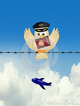 Pilot bird with passport on wire Cartoon Illustration