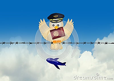 Pilot bird with passport on wire Stock Photo