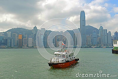 Pilot boat at Victoria Harbour in Tsim Sha Tsui, Hong Kong Editorial Stock Photo