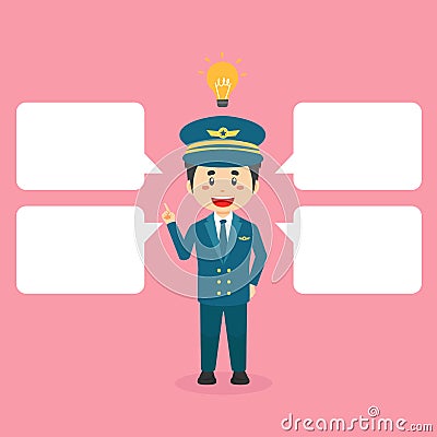 Pilot Character Shows Get Idea with Bubble Text Vector Illustration