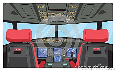 Pilot Cockpit, Captain Airplane Cabin with Dashboard, Chairs and Window. Modern Passenger Plane Interior Vector Illustration