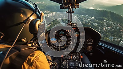 Pilot in the Cockpit of a Helicopter back view. Generative AI Stock Photo