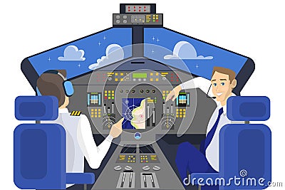 Pilot in cockpit smiling. Control panel in airplane Vector Illustration