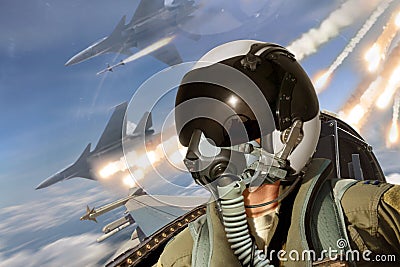 Pilot cockpit view during air to air combat with missiles flares chaff being deployed Stock Photo