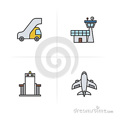 Pilot color icons set. Passengers ladder, flight control tower, metal scanner gate, aircraft symbol. Logo concepts Vector Illustration