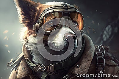 pilot dog, in flight jacket and goggles, ready for action in the cockpit Stock Photo