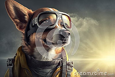 pilot dog in flight jacket and sunglasses, with view of the runway Stock Photo