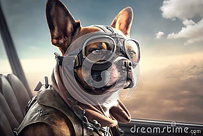 pilot dog in flight jacket and sunglasses, with view of the runway Stock Photo