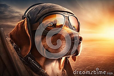 pilot dog in flight jacket and sunglasses, with view of the runway Stock Photo
