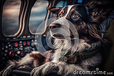 pilot dog lying on pilot& x27;s lap, watching flight instruments and cockpit Stock Photo