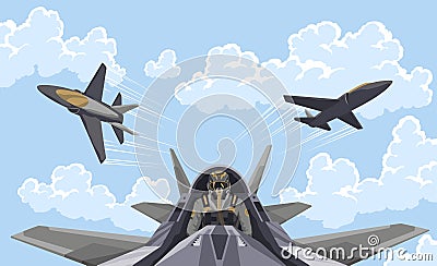 Pilot in the fighter. Aircraft-fighter cockpit overview. Aerobatic team in the air. A military fighter in the clouds Vector Illustration