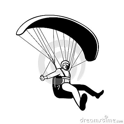 Pilot Flying Paraglider Paragliding Mascot Black and White Retro Vector Illustration