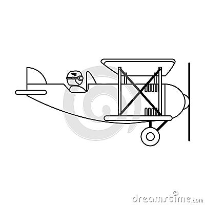 Pilot flying vintage airplane black and white Vector Illustration