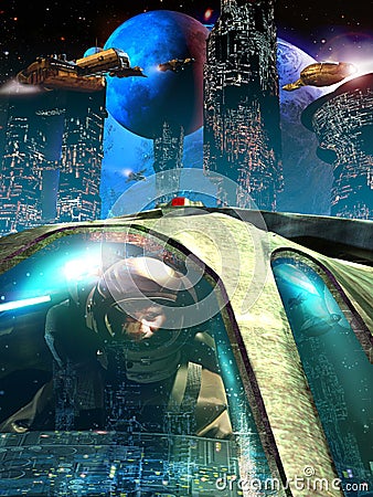 Pilot in futuristic city Stock Photo