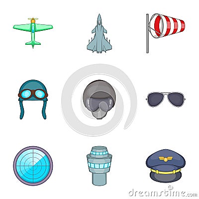 Pilot icons set, cartoon style Vector Illustration