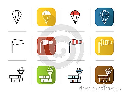 Pilot icons set. Flat design, linear and color styles. Parachute, airport windsock, flight control tower symbol Vector Illustration