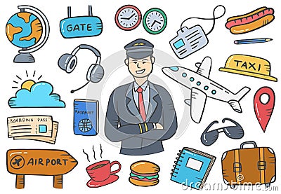 Pilot job or jobs profession carreer doodle hand drawn set collections with flat outline style Vector Illustration