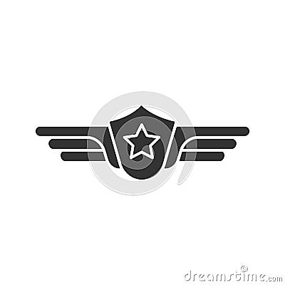 Pilot label icon. Silhouette symbol. Negative space. Shield with wings insignia vector isolated illustration. Vector Illustration