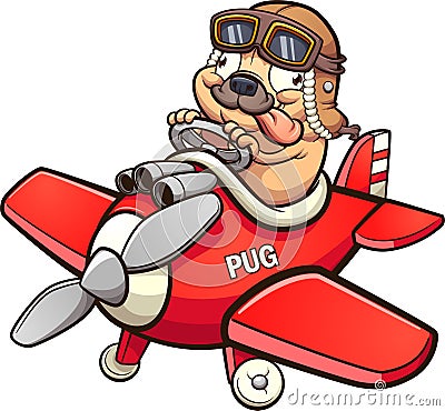 Cute pilot pug flying a tiny red toy airplane. Vector Illustration