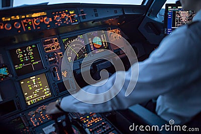Pilot`s hand accelerating on the throttle in a commercial airliner Stock Photo