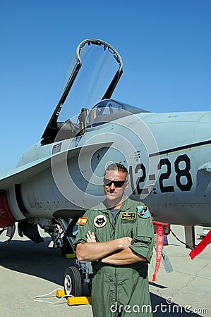 Pilot standing by F/A-18 Hornet. Editorial Stock Photo
