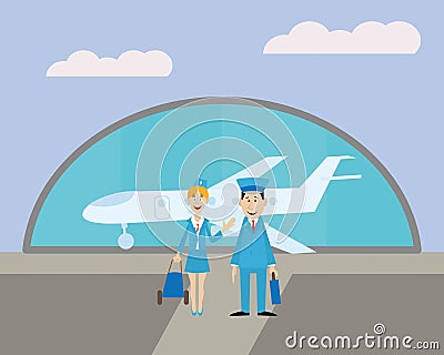 The pilot and the stewardess at the airport Vector Illustration