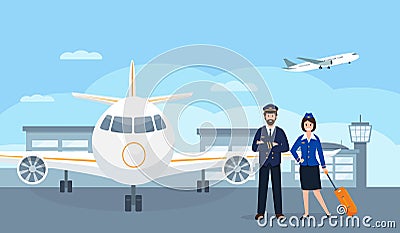 Pilot and stewardess characters at the airport Vector Illustration