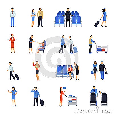 Pilot And Stewardess Flat Icons Set Vector Illustration