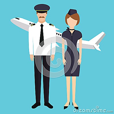 Pilot stewardess flight attendance cabin crew in uniform plane Vector Illustration