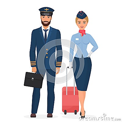 Pilot and stewardess in uniform isolated flat vector illustration. Vector Illustration