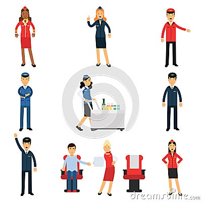 Pilot and stewardess at work during the flight set, air transportation professionals working on the plane vector Vector Illustration