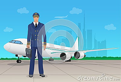 Pilot in uniform near airplane at the airport. Vector illustration. Cartoon Illustration