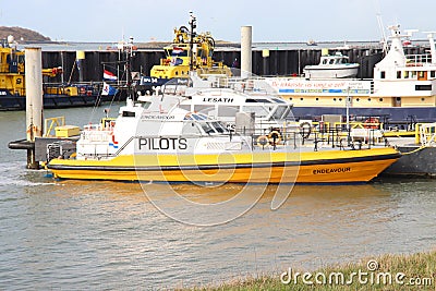 Pilot vessels in the Pistoolhaven Harbor to guide ships in the Port of Rotterdam Editorial Stock Photo