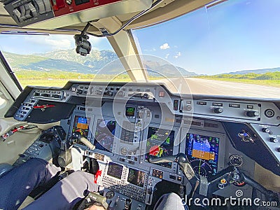 Pilot view from cockpit, inside view, on the runway Editorial Stock Photo