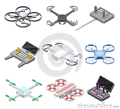 Pilotless Drone as Aerial Vehicle and Remote Control Panel Isometric Vector Set Vector Illustration