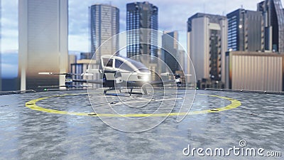 Pilotless passenger air taxi makes a departure for the call of the client. The concept of the future unmanned taxi. 3D Stock Photo