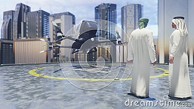Pilotless passenger taxi makes a departure for the call of the client. The concept of the future unmanned air taxi. 3D Stock Photo