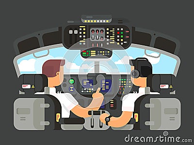Pilots in cockpit flat design Vector Illustration