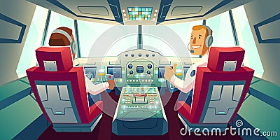 Pilots in jet cockpit, capitain and co-pilot plane Vector Illustration
