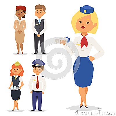 Pilots and stewardess vector illustration airline character plane personnel staff air hostess flight attendants people Vector Illustration