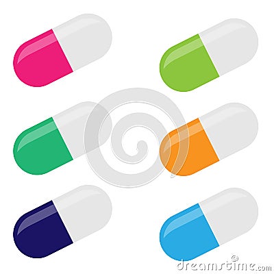 Sat pill flat icon isolated on white background. Multi-colored pills in capsules. Cartoon Illustration